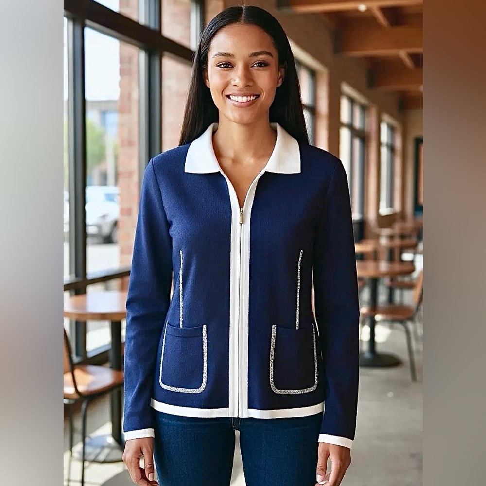 Exclusively MISOOK Navy and White Acrylic Knit Zip Front Jacket M